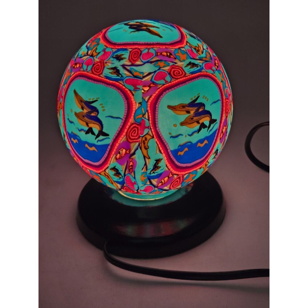 Vtg 90s Hand Painted Round Table Aquarium Light Lamp Indie Hippie Boho Nautical - Picture 13 of 13